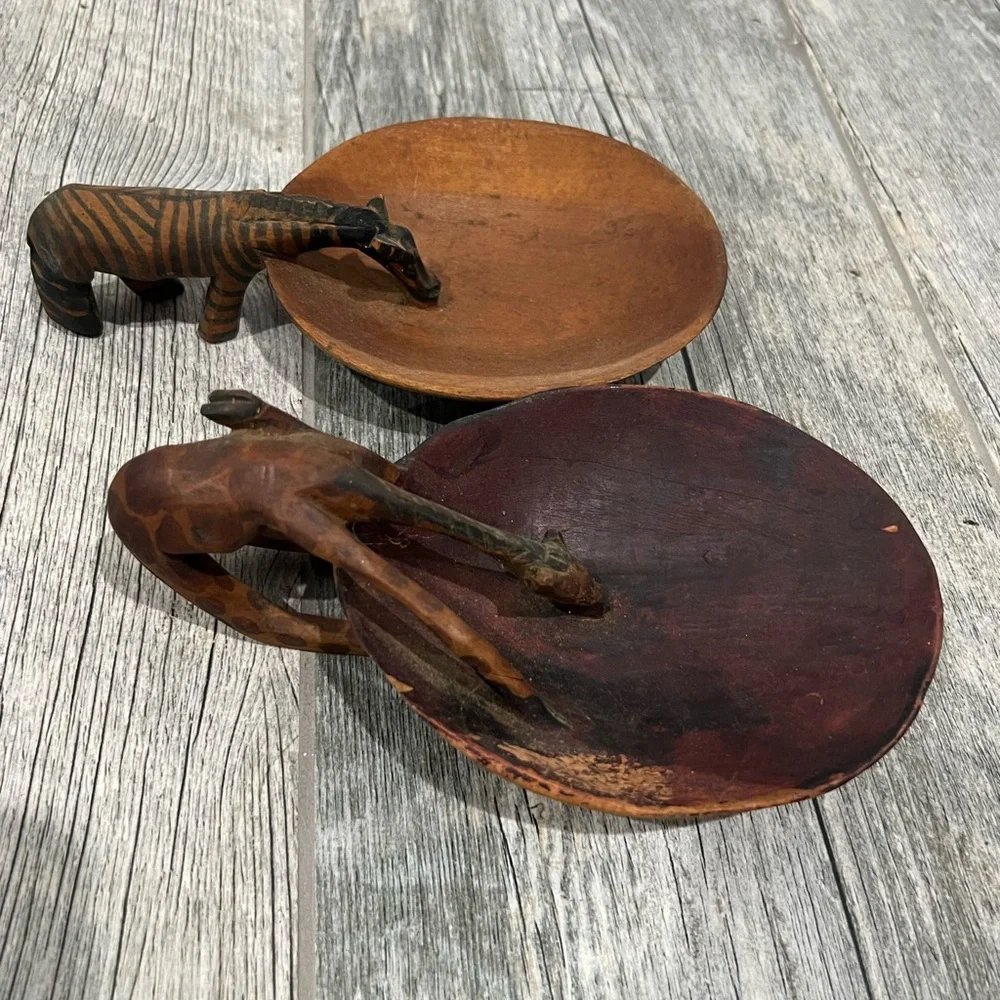 Hand Carved Wooden Animal Trinket Bowls | Zebra & Giraffe | Boho Safari Decor